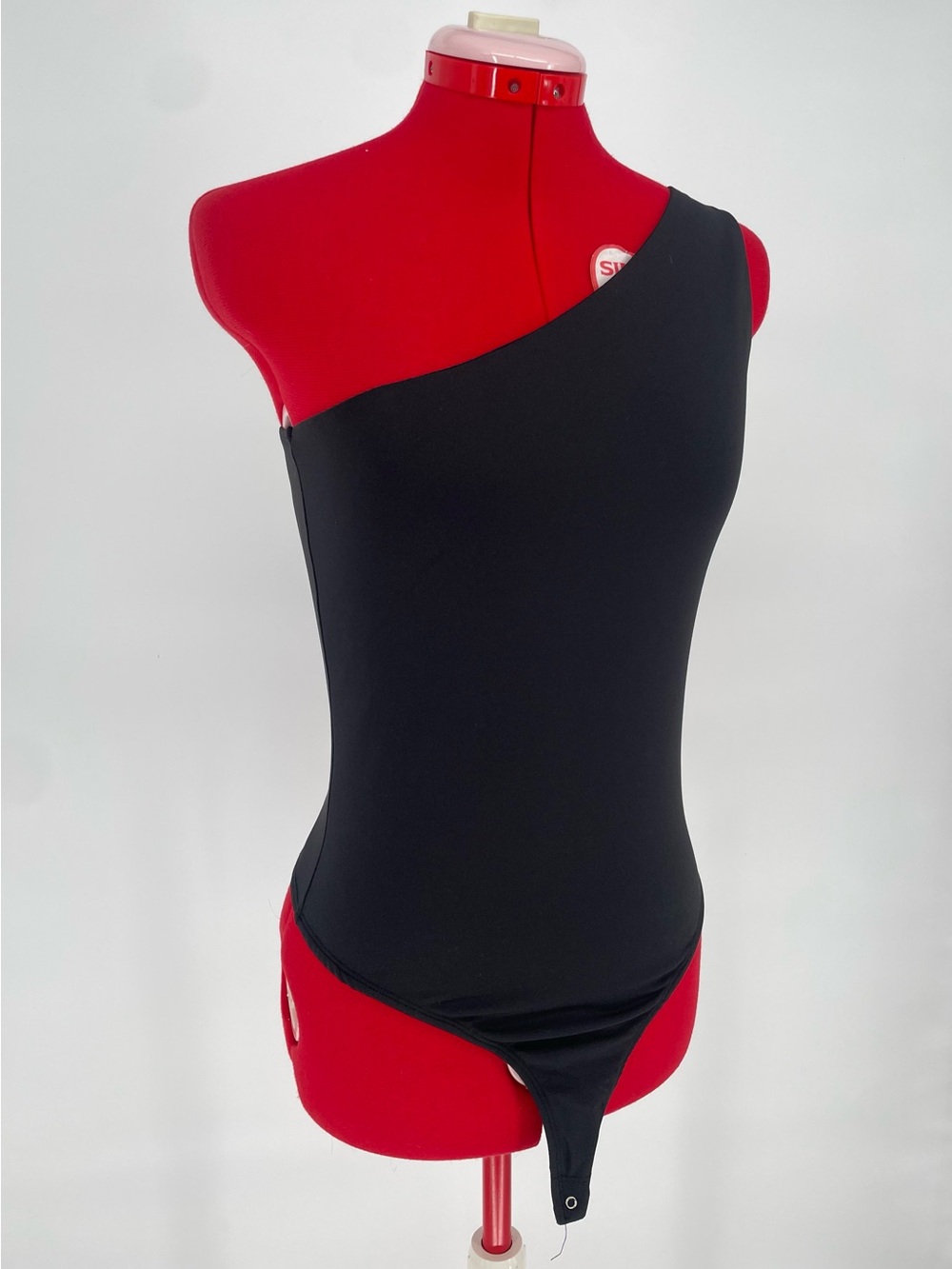 Mi Ami One Shoulder Asymmetrical Black Thong Bodysuit Fitted Stretchy Nylon